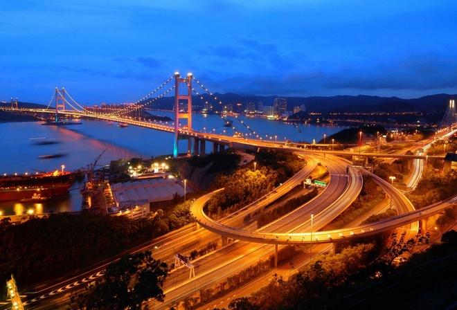 hong kong, city, river, light, building, bridge