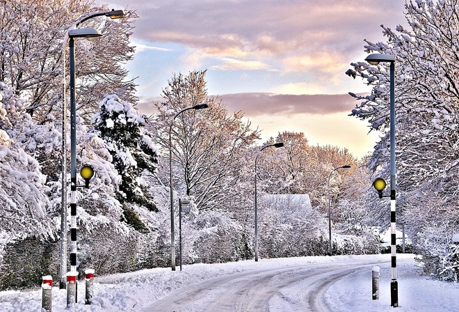 winter, mountain, snow, trees, road, sun, sky, blue