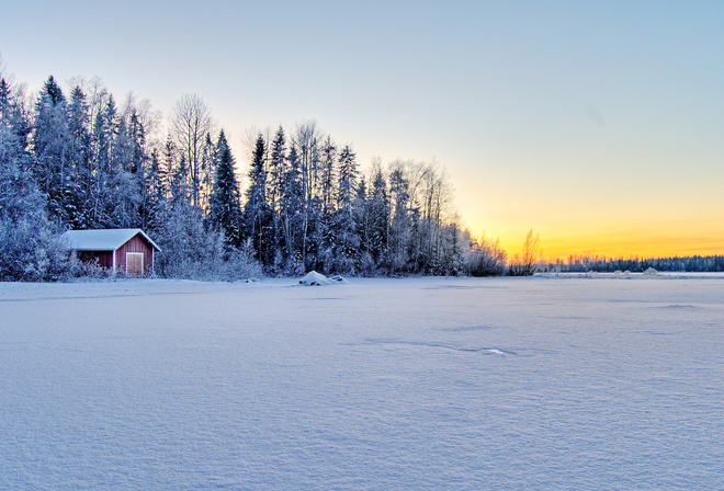winter, cottage, tree, ice, sky, snow