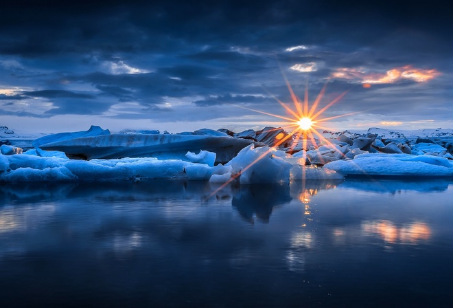 nature, sky, clouds, sunset, sun, sea, water, winter, snow, ice, rays