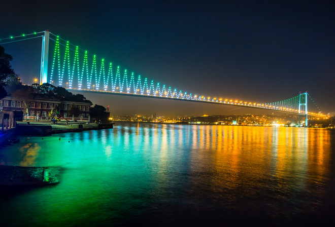 Bosphorus Bridge, Istanbul, turkey, night, lights, buildings, Sea of Marmara, city, nature,  , , , , , ,  , , 