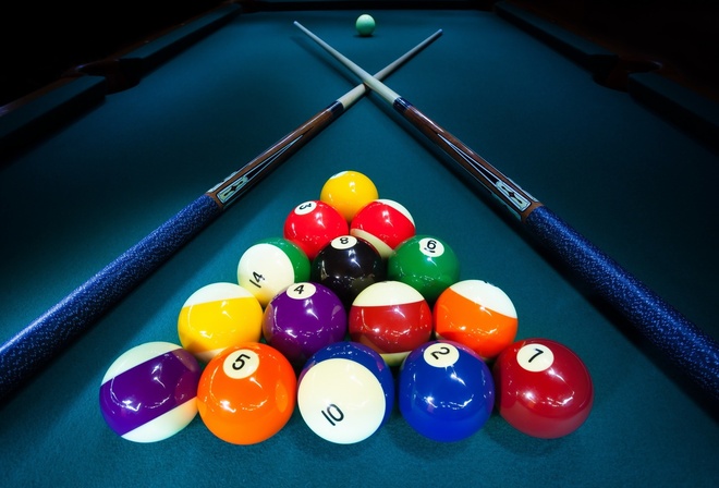 billiard table, balls, pool cue