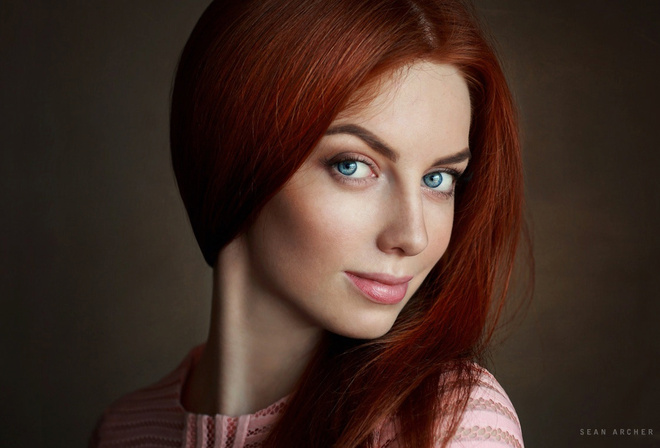 women, redhead, face, portrait, blue eyes, Sean Archer