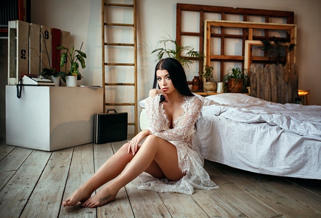 women, sitting, bed, white dress, tattoo, wooden surface, ass, black hair