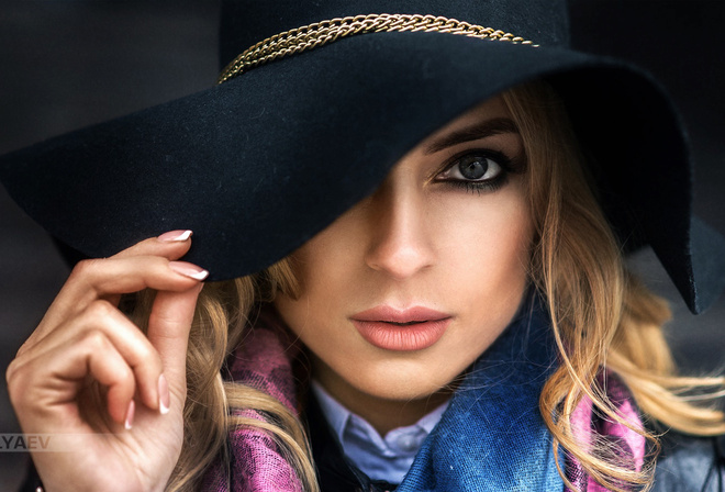 women, hat, blonde, portrait, face, Dmitry Belyaev