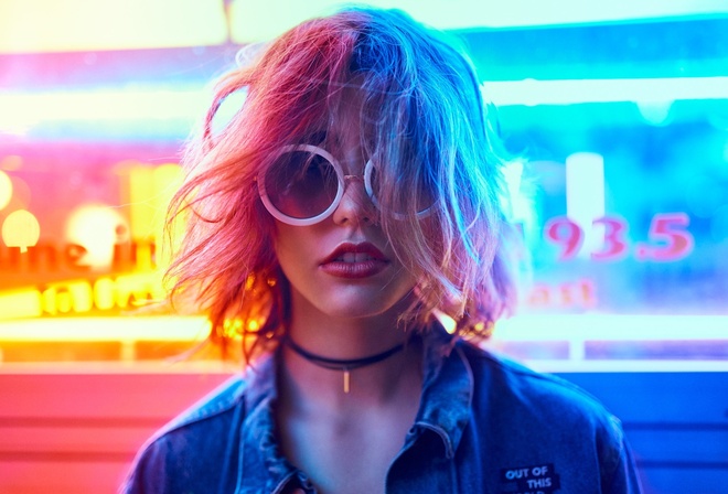 women, women with glasses, sunglasses, choker, blonde, neon, face, portrait