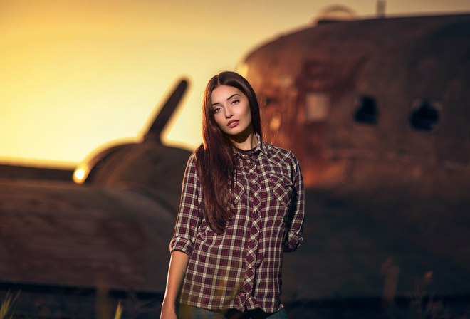 women, sunset, shirt, portrait, women outdoors, depth of field, airplane