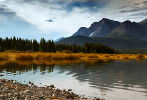 forest, mountains, sky, canada, trees, lake, blue, autumn, alberta