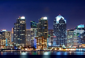 Lights, Buildings, Night, Water