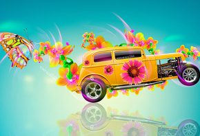 Tony Kokhan, Retro, Car, Flowers, Fantasy, Chevrolet, Engine, Side, Butterf ...