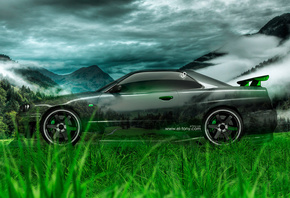 Tony Kokhan, Nissan, Skyline, GTR, R34, Side, Crystal, Car, Nature, Green,  ...