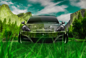 Tony Kokhan, Porsche, Panamera, Crystal, Nature, Car, Front, Green, Grass,  ...