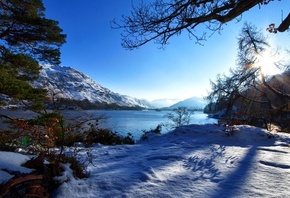 winter, mountain, snow, trees, road, sun, sky, blue