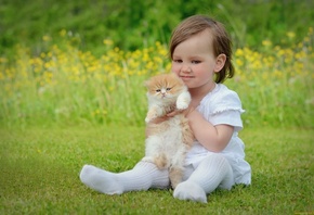 girl, cat, child, kitty, grass