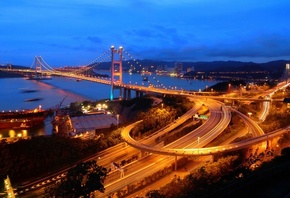 hong kong, city, river, light, building, bridge