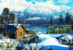 cabin, mountain, tree, snow, lake