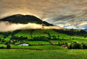 mountain, village, houses, tree, grass