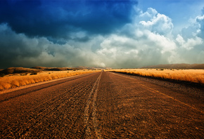 road, fields, grass, sky