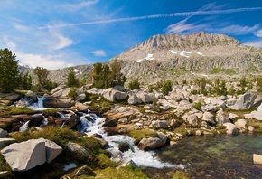 river, mountain, rock, grass, water, tree