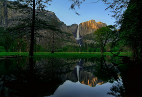 waterfall, mountain, water, river, rock, yosemite, tree