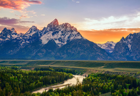 mountain, river, rock, tree, water, delta