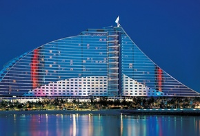 dubai, hotel, building, sea, lights