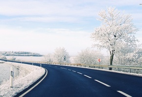 winter, road, tree, snow, mountain