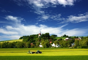 tracktor, fields, churchil, house, tree