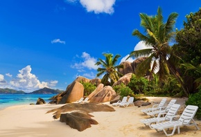 seychelles, beach, chair, rock, sea, palm