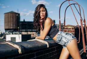 pose, shorts, view, on the roof