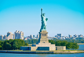 new york city, manhatten, statue of liberty, city, skyline, blue, sky, - ...