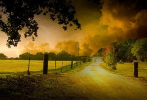 house, clouds, fields, tree, path