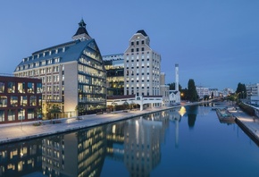 city, river, buildings, lights, reflection