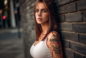 women, face, T-shirt, tattoos, portrait, wall, bricks, looking at viewer, M ...