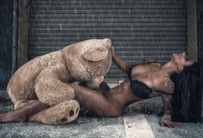 women, tanned, black bras, teddy bears, on the floor, tattoos, closed eyes, ...