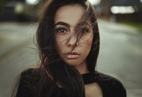 women, face, portrait, hair in face, depth of field, women outdoors