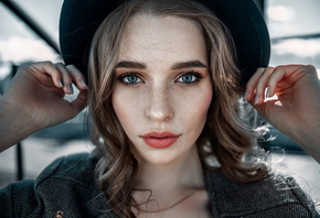 women, hat, face, portrait, depth of field, blue eyes
