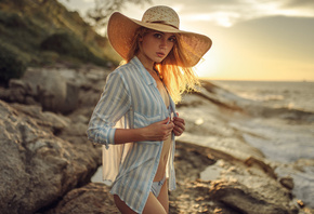 Ksenia Kokoreva, women, blonde, hat, portrait, shirt, depth of field, women ...