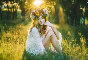 wreath, grass, girl