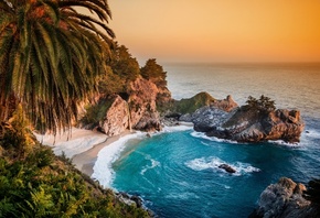 waterfall, Big Sur, California, Pacific Ocean, Big Sur, McWay Falls, Julia Pfeiffer Burns State Park, coast, Palma, rocks, CA, The Pacific ocean