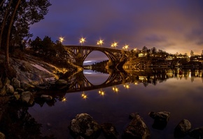 river, Sweden, Skurubron, night, reflection, bridge, lights