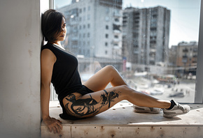 women, tattoo, sitting, brunette, sneakers, window sill, black dress, portr ...