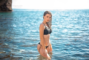 women, Grigoriy Lifin, belly, black bikini, wet hair, wet body, sea, women  ...