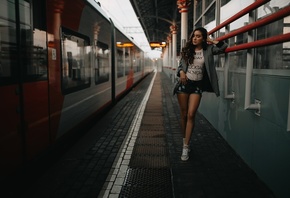women, tanned, train station, portrait, jean shorts, train, sneakers
