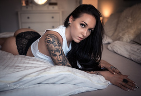 women, ass, black panties, in bed, portrait, tattoo, gray eyes, brunette, l ...