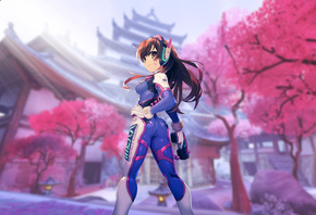 game, girl, ass, latex, Overwatch, cherry, blossom, d.va, headphones, anime