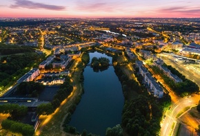 city, architecture, lake, lights, sunset