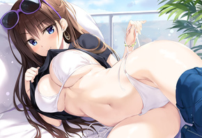 bikini, blue eyes, blush, breasts, brown hair, cleavage, clouds, long hair, navel oryou, sky, sunglasses, boobs