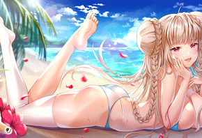 beautiful, girl, anime, sexy, azur lane, bikini, boobs, cute, pretty, eyes, beach, ass