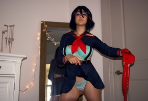 Sabrina Nichole, Ryuko Matoi, cosplay, model, brunette, sword, room, door,  ...